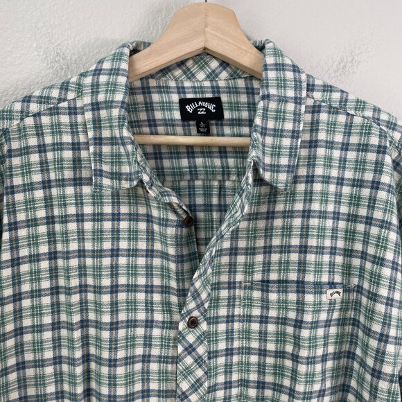 NEW Billabong Mens Large Coastline Flannel Shirt Green Plaid Wave Washed - Picture 2 of 9